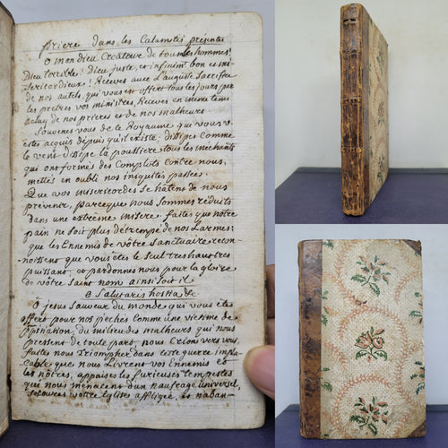 Prayers for Present Calamities, and Many More Prayers, 18th Century. French Manuscript Book of Prayer, with Block Printed Papers to the Covers