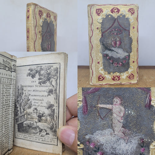 Les Perfidies Supposees ou Les Médisances Pardonnables. Almanach orné de gravures, 1800. An Extremely Scarce Miniature Almanach in a Decorated, Painted Binding Displaying Hearts of Love and Cupid