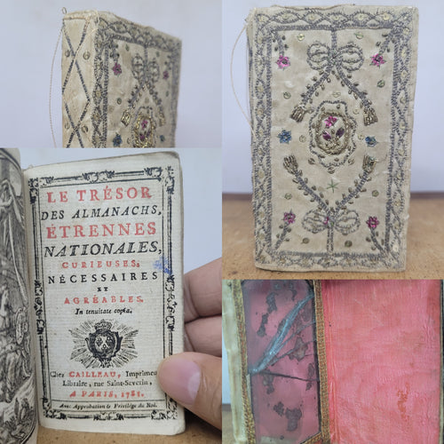 Le Tresor des Almanachs, Etrennes Nationales, Curieuses, Necessaires et Agreables, 1781. Extremely Scarce Miniature Almanac in a Beautiful Embroidered and Beaded Binding, With a Broken Mirror and Bellows