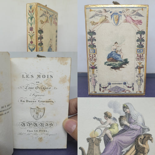 Les Mois ou L'eur Origine, Circa 1819. Miniature Book with Silk Designs to the Covers and Slipcase. 12 Hand Colored Engravings