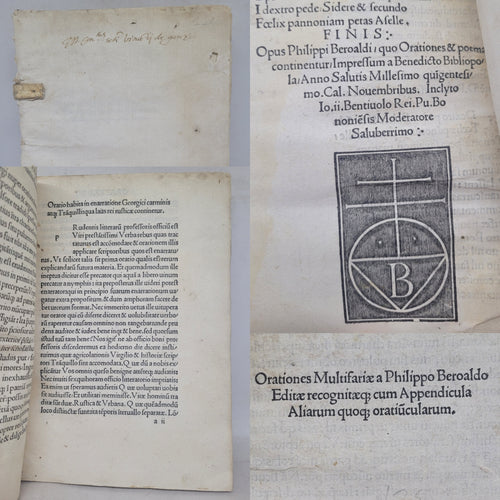 Orationes Multifarie a Philippo Beroaldo editae recogniteque cum appendicula aliarum quoque oratiuncularum, 1500. Extremely Scarce, With No Other Copies Recorded at Auction