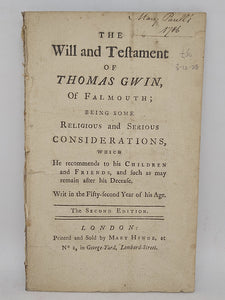 The will and testament of Thomas Gwin, of Falmouth, 1745?