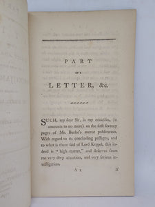 Part of a letter from Robert Adair, Esq, to the Right Honourable Charles James Fox; occasioned by Mr. Burke's mention of Lord Keppel, in a recent publication, 1796
