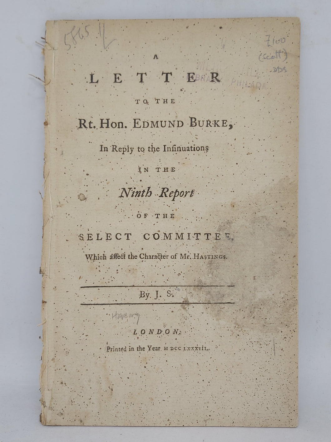 A letter to the Rt. Hon. Edmund Burke: in reply to the insinuations in the ninth report of the Select Committee, which affect the character of Mr. Hastings, 1783