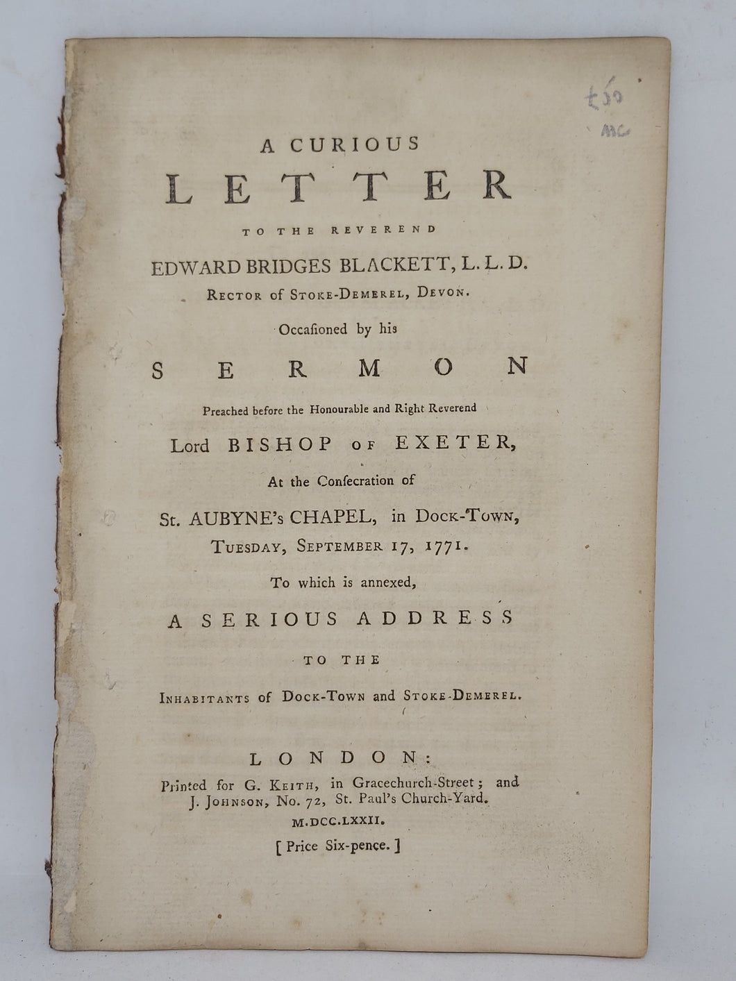 A Curious Letter to the Reverend Edward Bridges Blackett, 1772