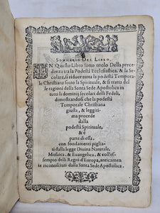 Al santissimo, et Beatissimo Papa Sisto V. Della Precedenza tra la Podesta Ecclesiastica et la Secolare. Libri III, 1586